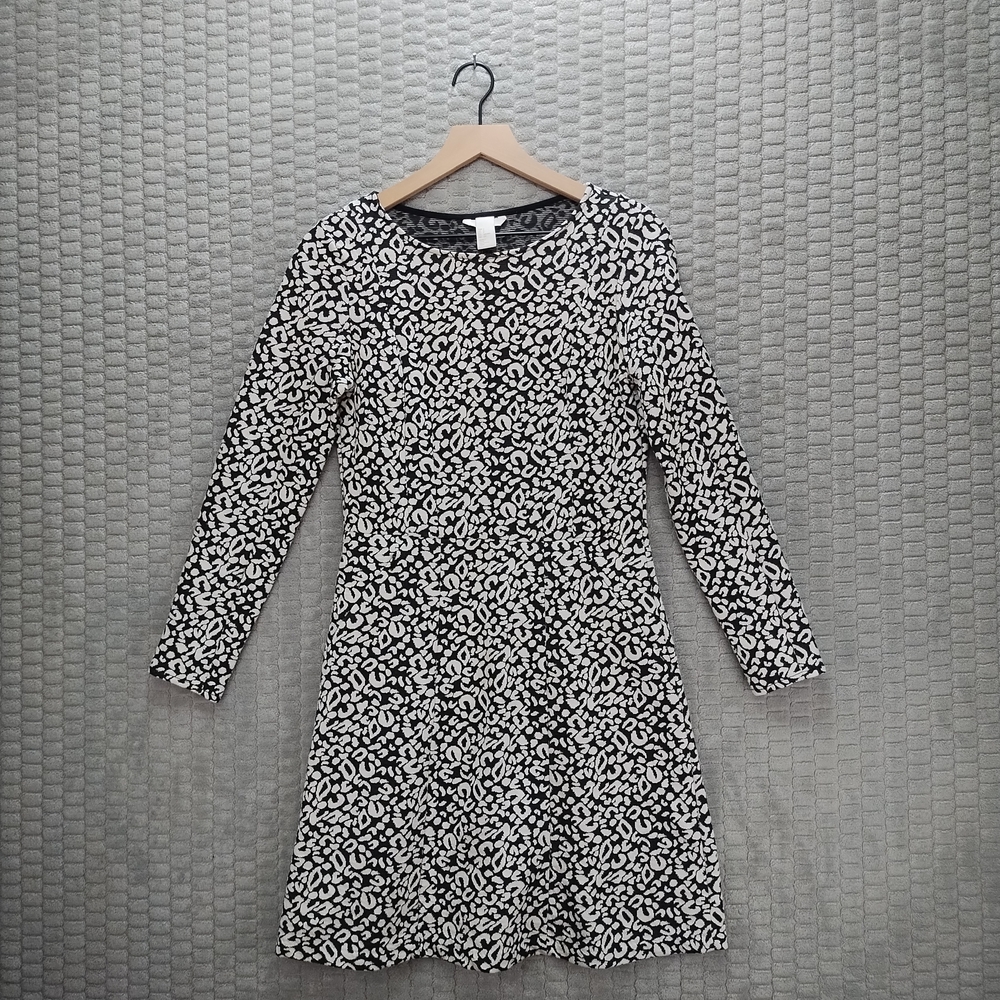 Black and White Long Sleeve Leopard Print Sweater Dress-Knee Length-A-Line-H&M-S